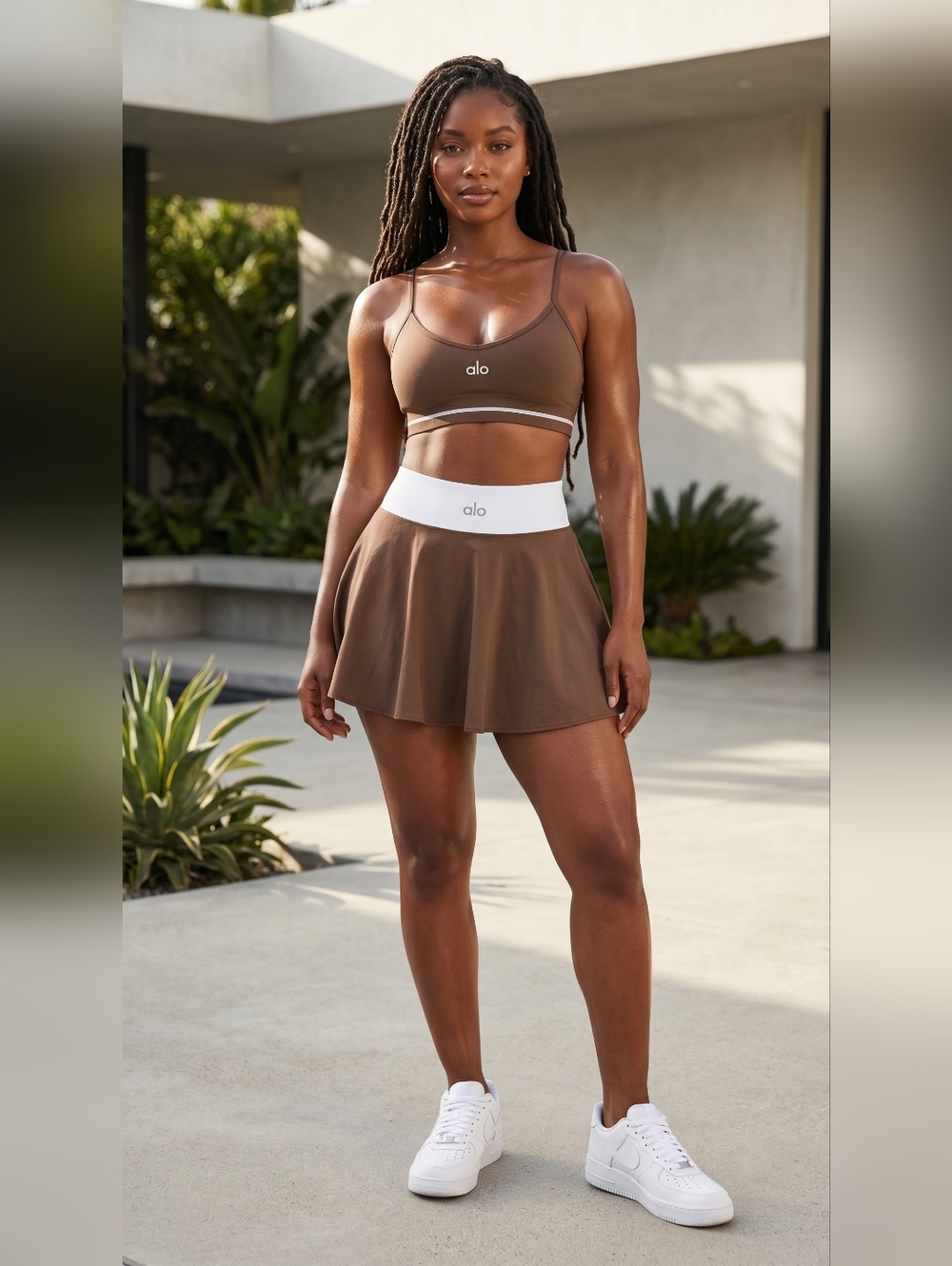 Alo Yoga Women’s Brown 2-Piece Set – Sport Bra & Skirt Summer Outfit (New with T